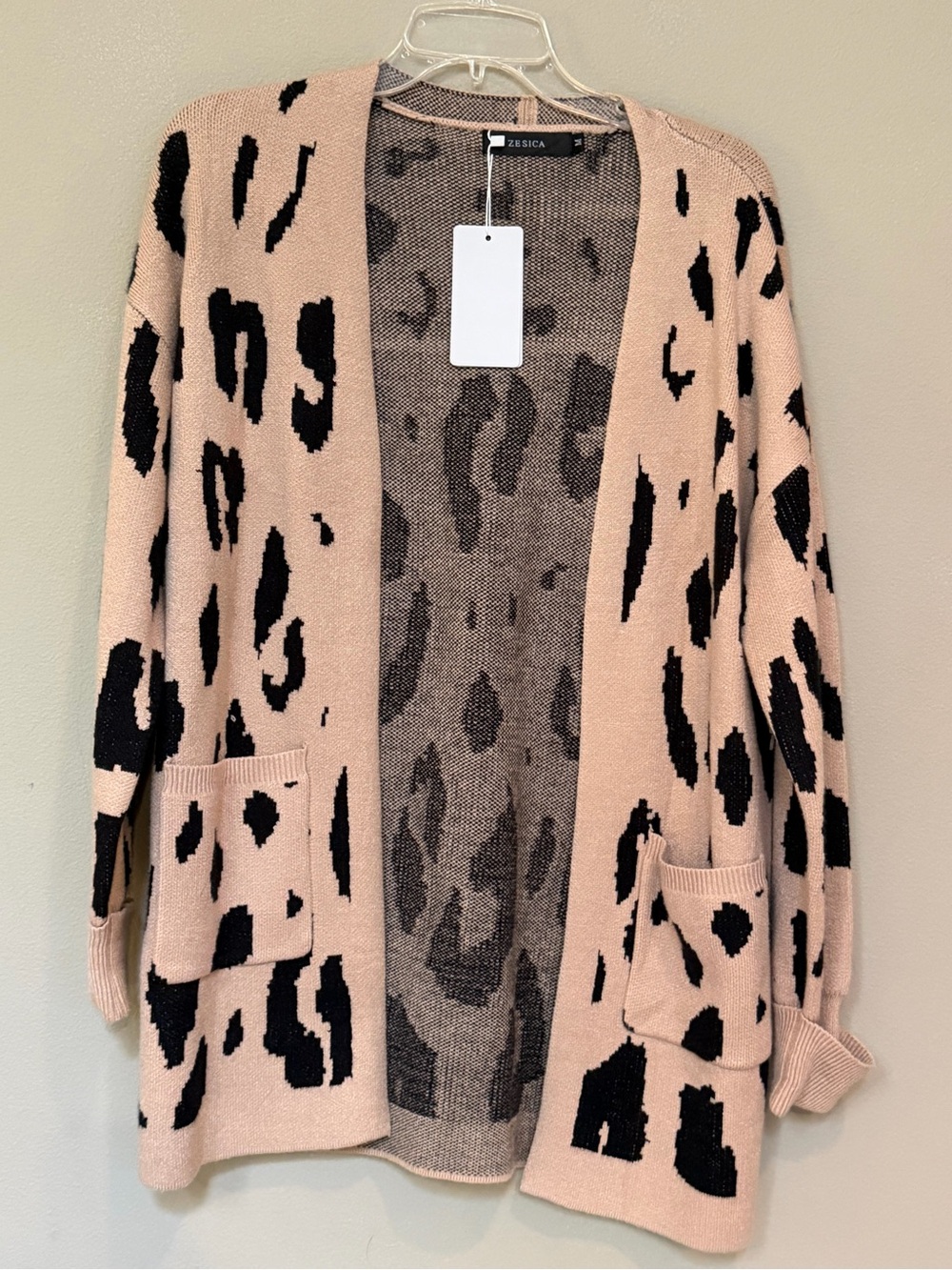 Beige Leopard Print Open Front Cardigan Sweater - Medium NWT
